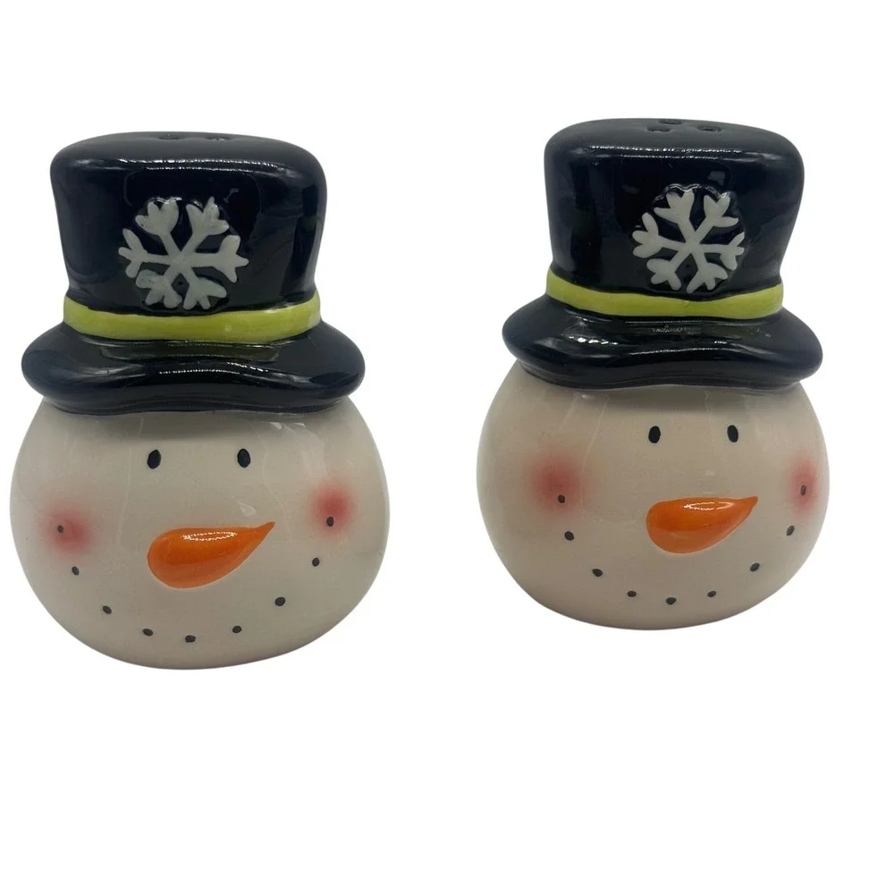 Vtg Snowman Salt Pepper Shakers Set Ceramic Winter Holiday Christmas Decor 3
